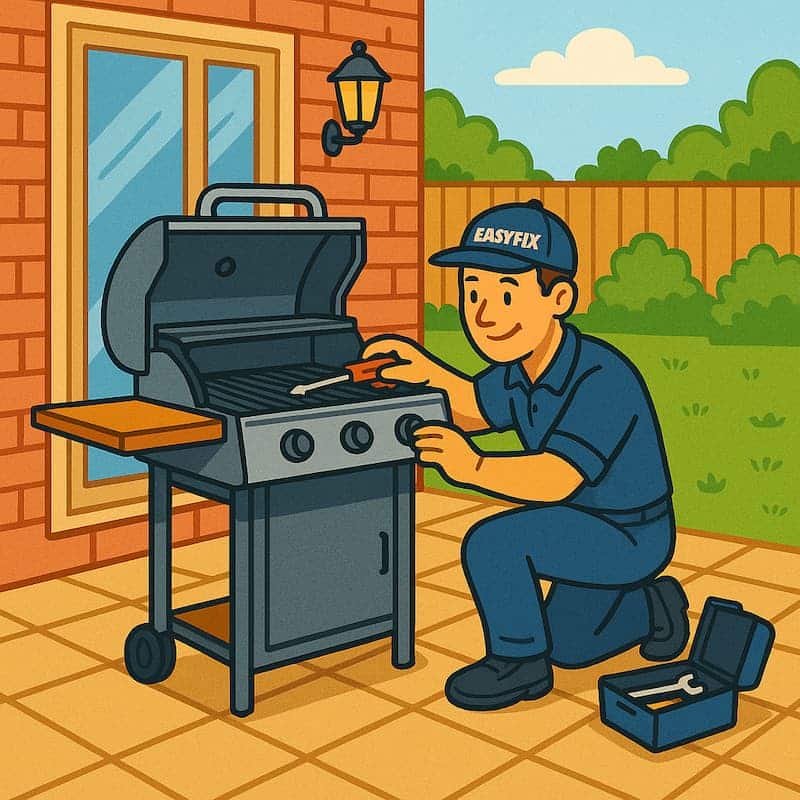 Cartoon technician repairing a gas BBQ grill on a patio outside a brick house