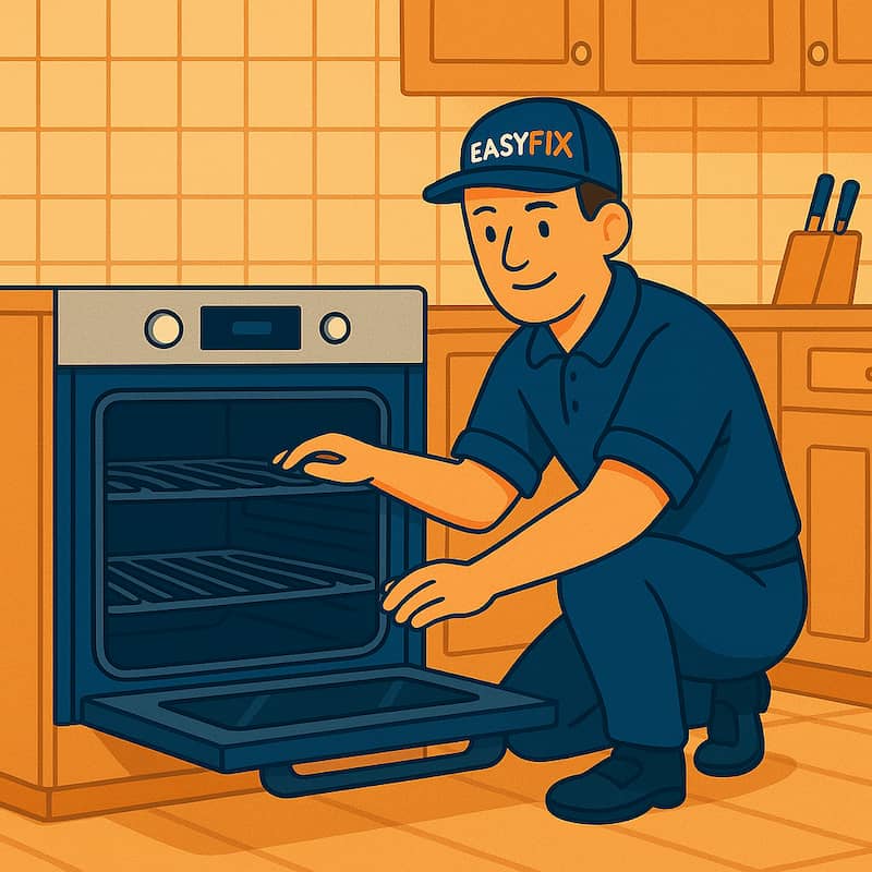 Cartoon technician repairing a built-in kitchen oven