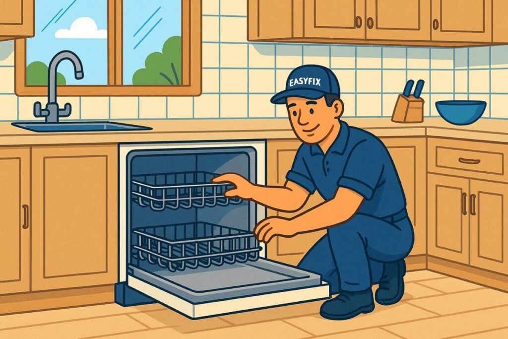 Cartoon technician in EasyFix uniform repairing built-in dishwasher in home kitchen