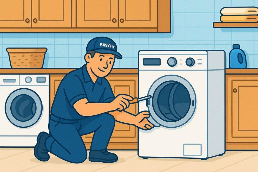 Cartoon technician repairing a front-load dryer in a laundry room setting