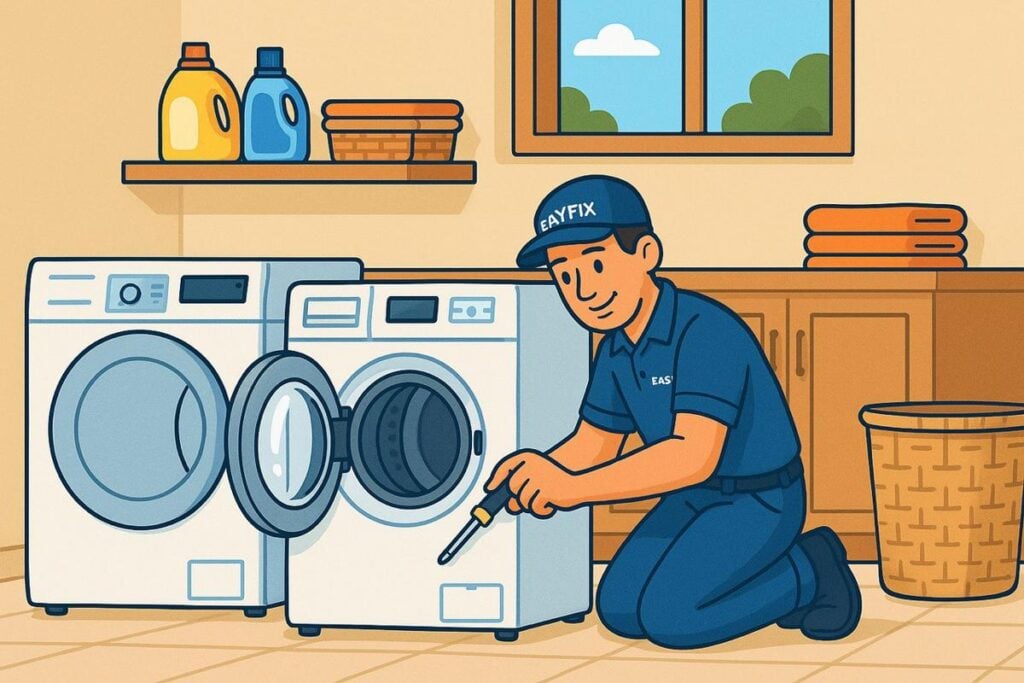 Cartoon-style technician fixing a washing machine in a laundry room – EasyFix Appliance Repair
