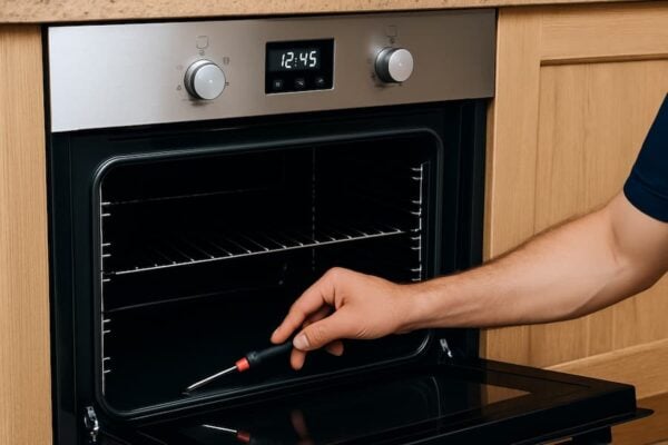 Hand holding a screwdriver working inside an electric oven