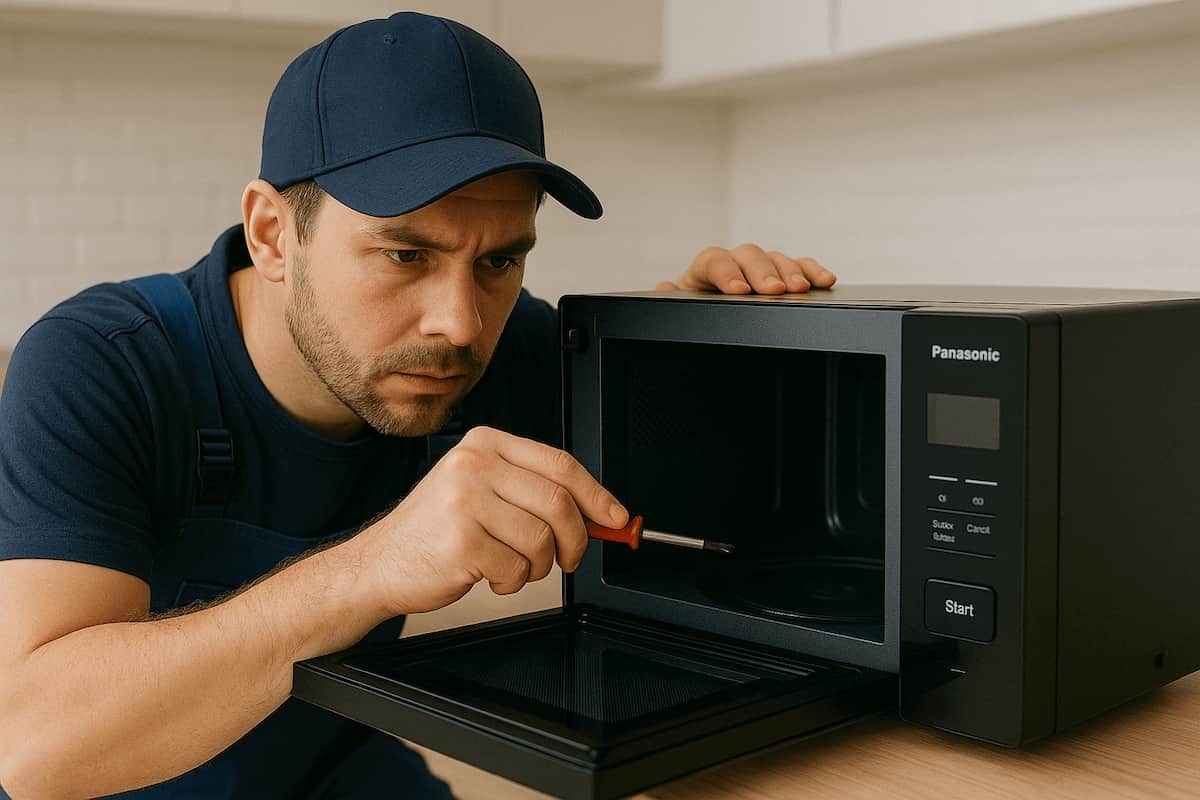 Technician repairing a microwave oven in a kitchen - Microwave Repair Vancouver