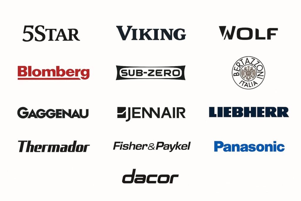 Logos of premium appliance brands: 5Star, Viking, Sub-Zero, Wolf, Blomberg, JennAir, Bertazzoni, Liebherr, Gaggenau, Thermador, Fisher & Paykel, Panasonic, and Dacor.