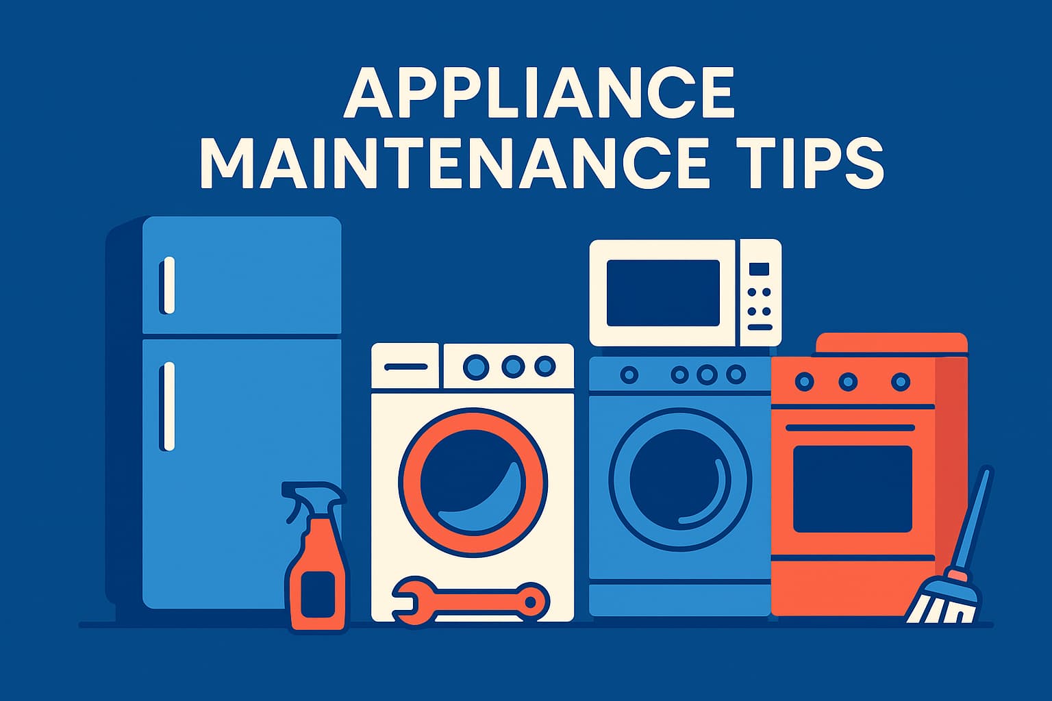 Illustration of household appliances including a fridge, washer, stove, and microwave on a blue background with text "Appliance Maintenance Tips
