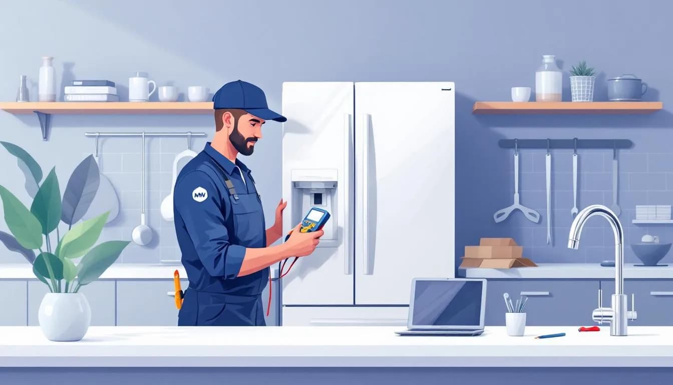 cartoon appliance repair tech working on a fridge