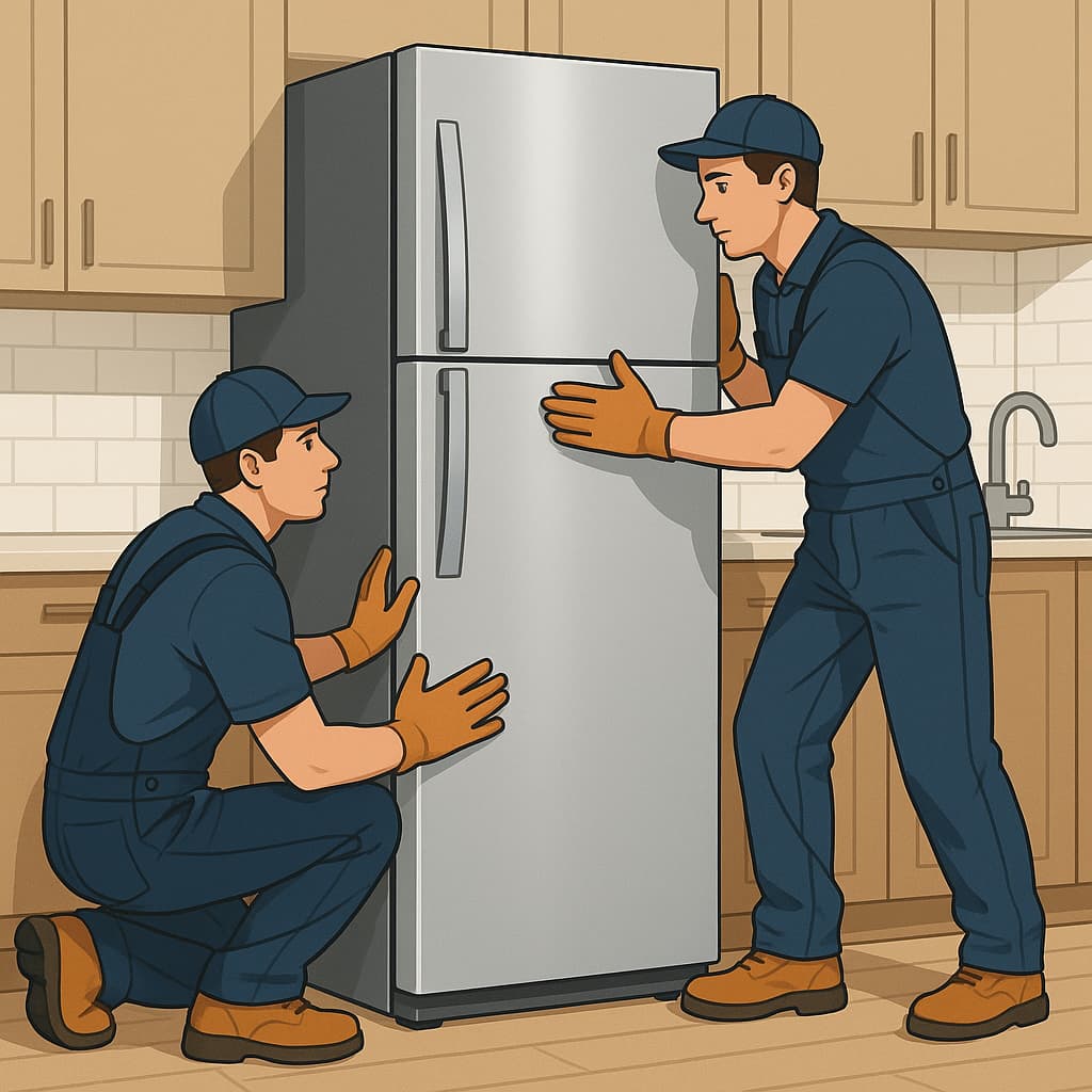 Cartoon of two appliance installers placing a refrigerator in a modern Vancouver kitchen.