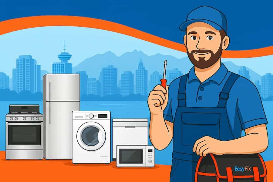Illustrated repairman with household appliances – EasyFix Appliance Repair New Westminster