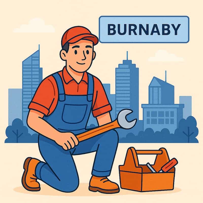 Cartoon illustration of an appliance repair technician in front of the Burnaby skyline holding a wrench and toolbox.