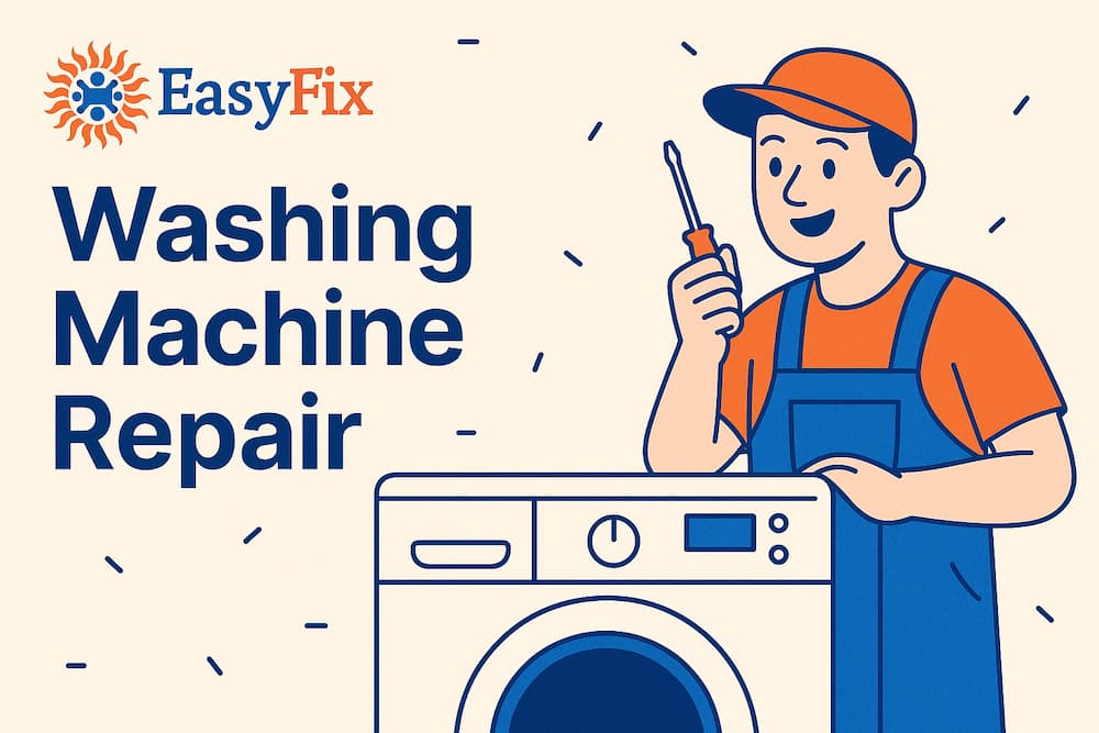 Cartoon-style image of an EasyFix technician repairing a washing machine in a modern Vancouver home