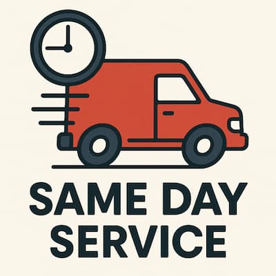 Icon of a red van with a clock symbol and “Same Day Service” text