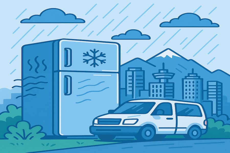 Cartoon illustration of a fridge and repair van in rainy Vancouver, representing fridge repair Vancouver climate issues