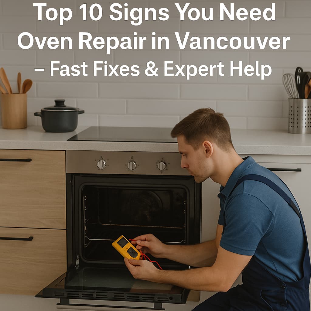Oven Repair Vancouver. Certified Vancouver appliance technician testing electric oven with multimeter in modern kitchen