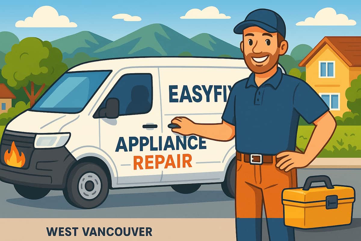 Cartoon technician with toolbox standing next to EasyFix Appliance Repair van in West Vancouver neighborhood.