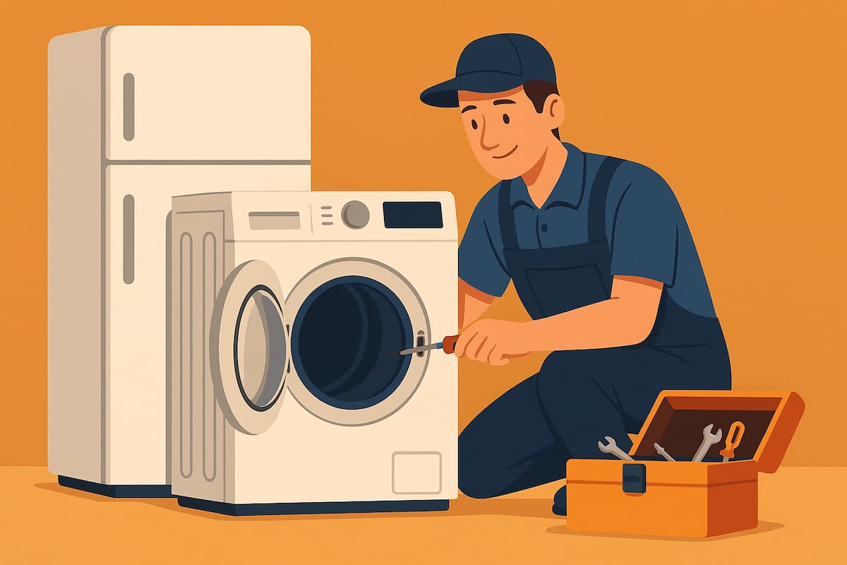 Cartoon image of broken appliances being discarded in a large garbage dump.