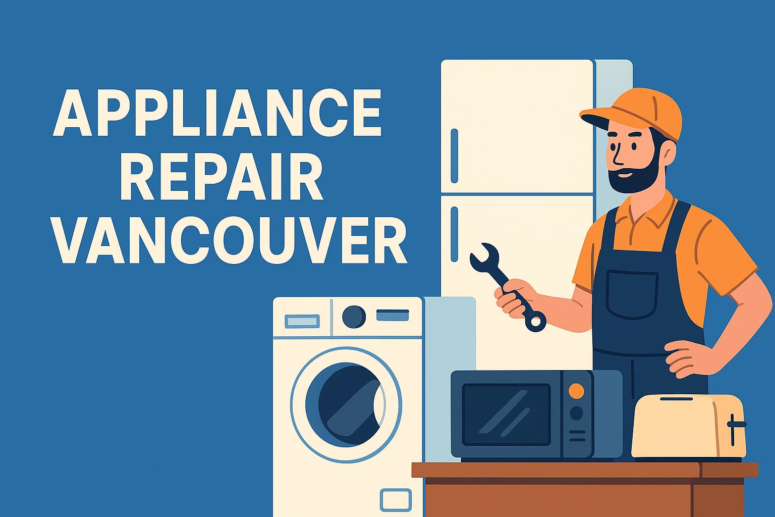 Cartoon-style image of appliances and technician for appliance repair Vancouver in 2025, focused on cost-saving maintenance and breakdown prevention.
