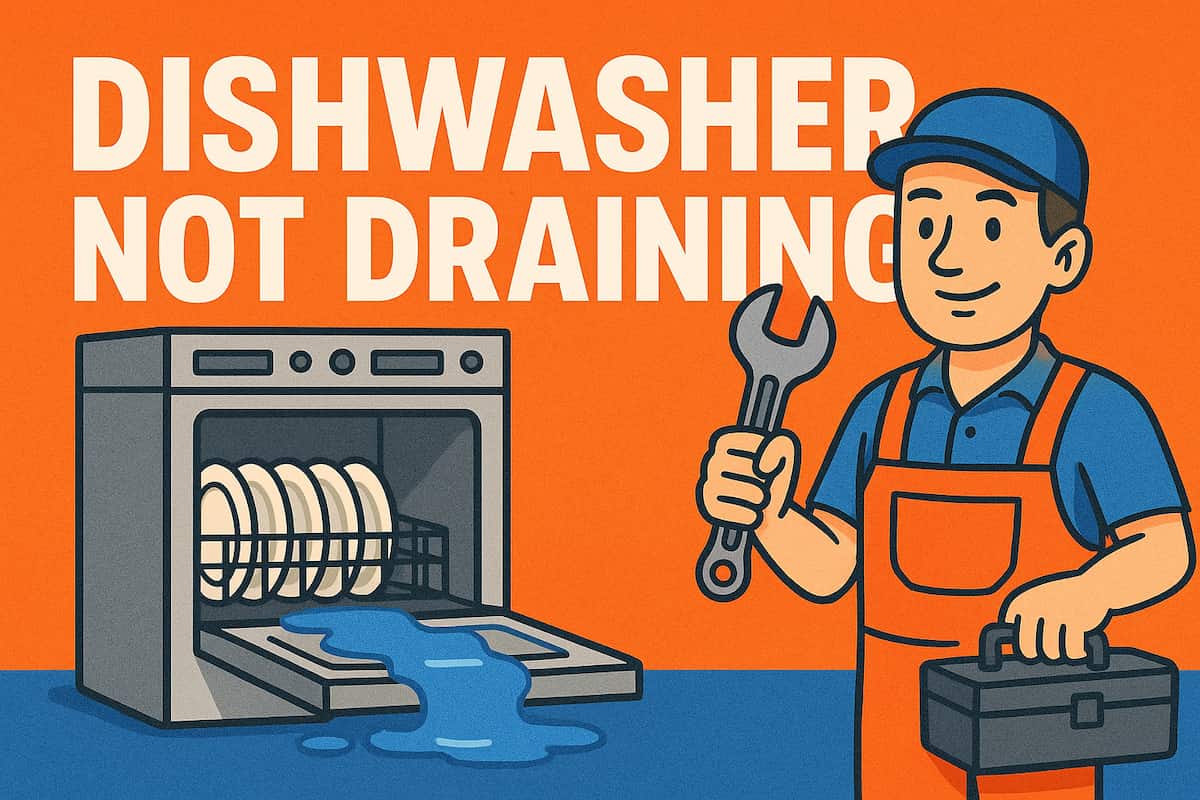Dishwasher not draining unit being repaired by an appliance repair technician in Vancouver, cartoon-style illustration without text.