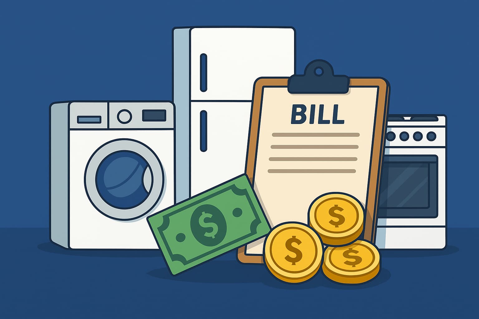 Cartoon-style image showing household appliances representing real appliance repair costs in Vancouver for 2025.