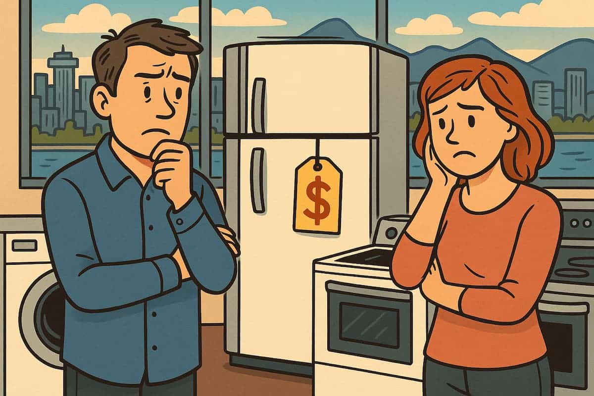 Cartoon illustration of a man and woman deciding whether to buy now or wait, symbolizing appliance shopping decisions for Appliance Repair Vancouver, Appliance Repair Victoria, and other BC cities.