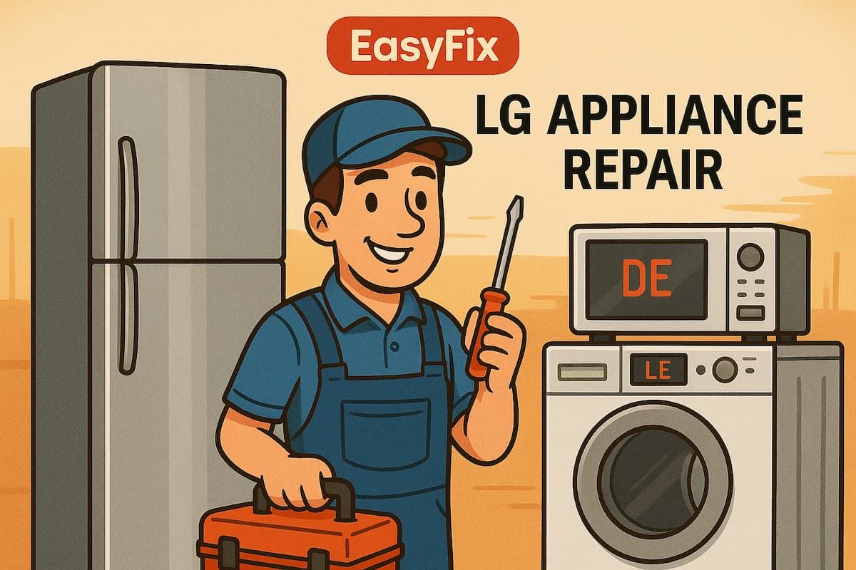 EasyFix technician performing LG appliance repair for fridge, washer, and microwave with error codes Description: Cartoon-style illustration of an EasyFix repairman holding tools beside LG appliances like a refrigerator, washer, and microwave displaying digital error codes. Highlights expert LG appliance repair solutions in Canada.