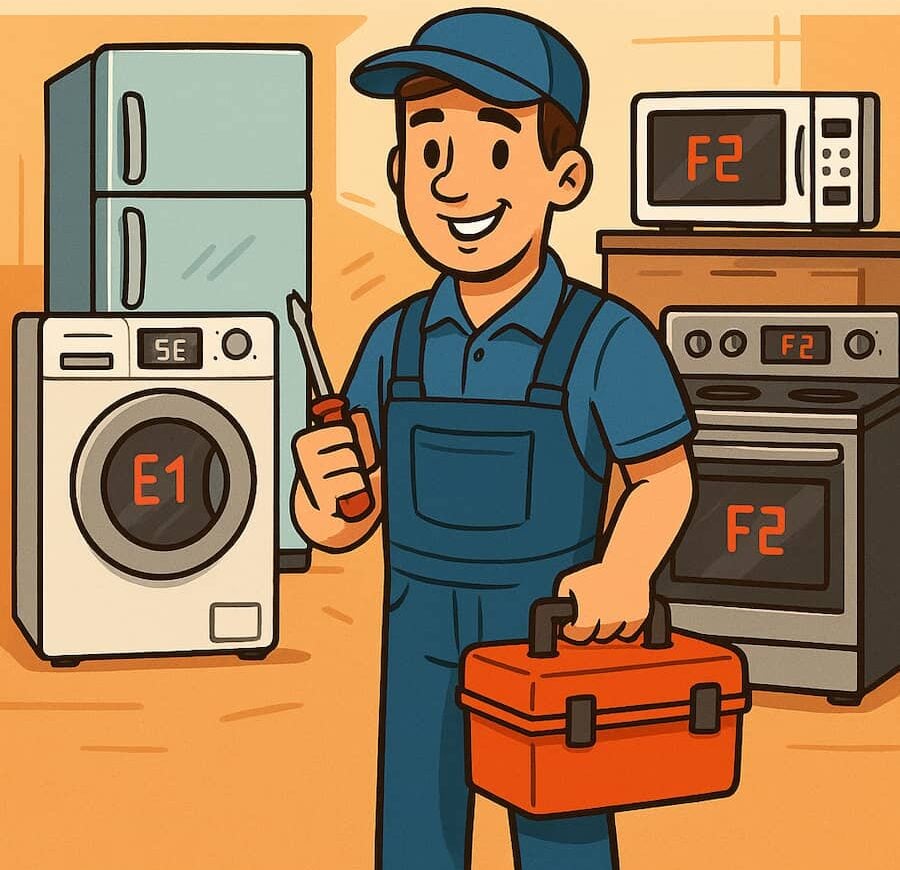 EasyFix technician with appliances showing error codes – Whirlpool, Samsung, LG, GE, and Frigidaire appliance repair in Canada