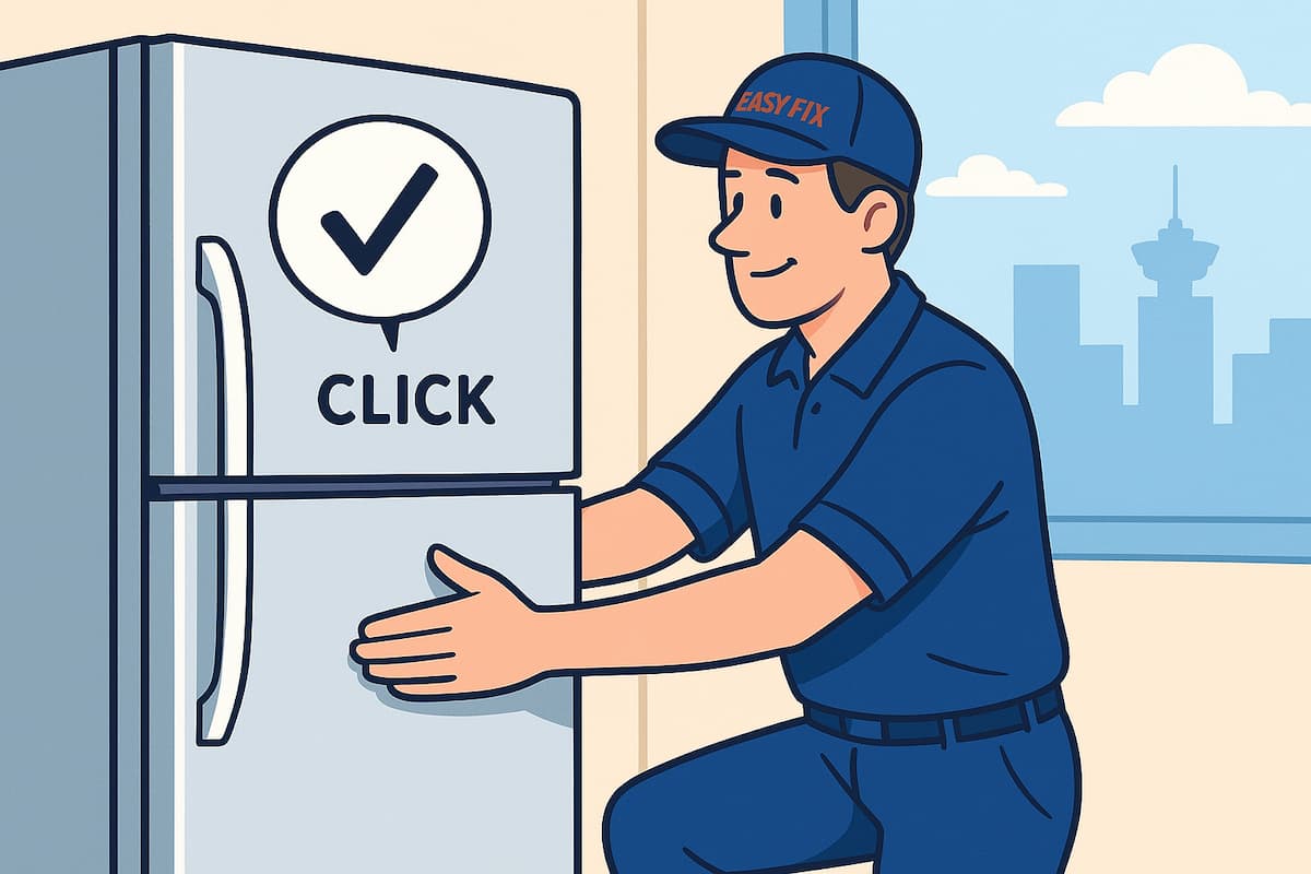 Refrigerator maintenance technician closing refrigerator door to verify gasket seal with an audible click for better cold-air retention, energy efficiency, and food safety, EasyFix