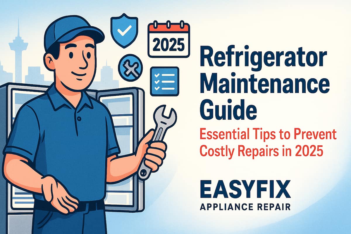 Refrigerator maintenance guide illustration with EasyFix technician beside a modern fridge in Vancouver, showing tips to prevent costly repairs in 2025.