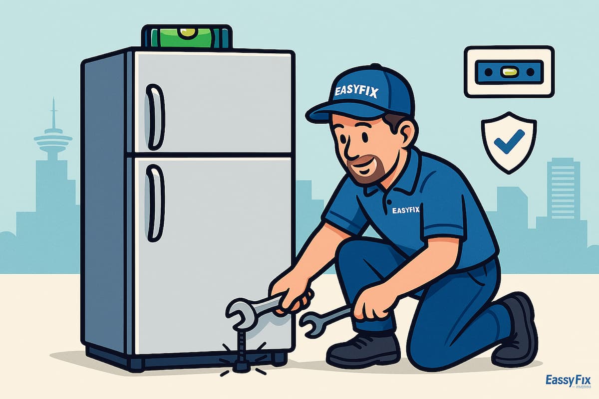 Refrigerator maintenance technician leveling a fridge by adjusting front legs with a wrench to improve door seal and reduce noise, EasyFix Vancouver.