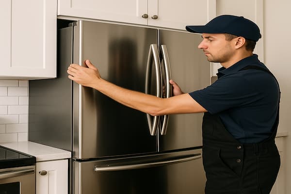 Appliance repair Vancouver technician installing a stainless steel fridge in a modern kitchen