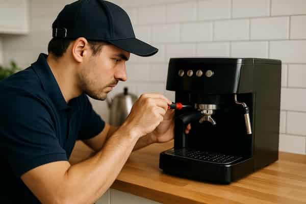 Coffee machine repair performed by an appliance repair Vancouver technician using tools to diagnose brewing issues