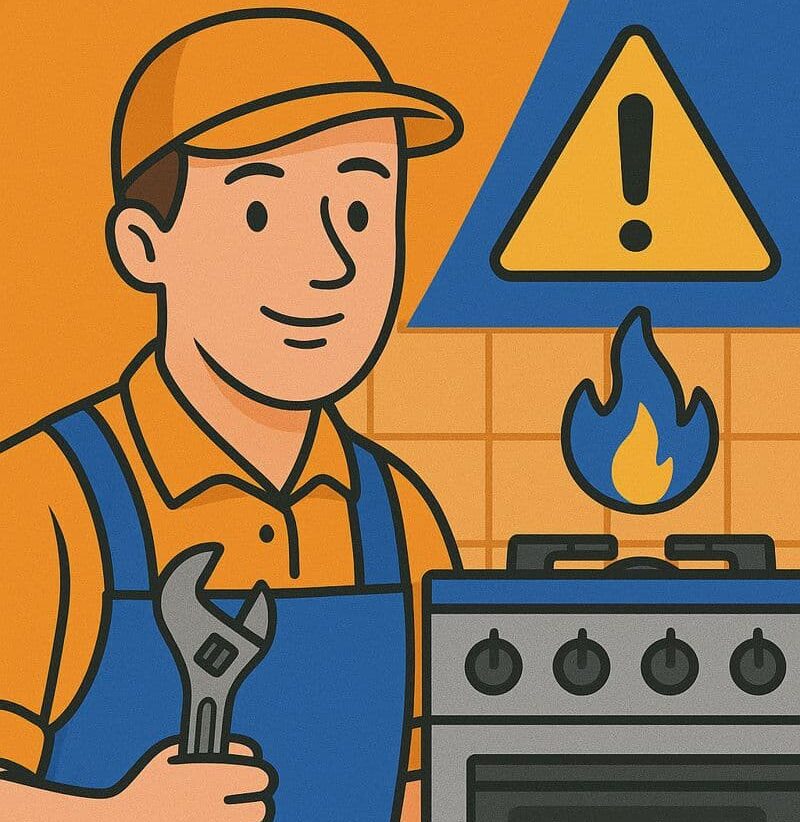 Gas appliance safety BC illustration showing a technician inspecting a gas stove for household safety