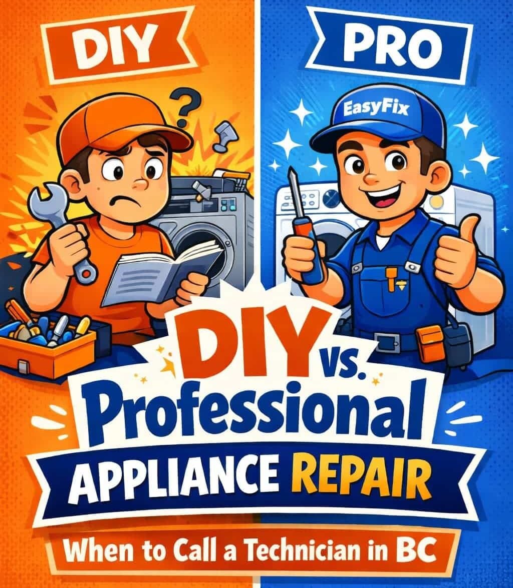 DIY vs professional appliance repair illustration showing a homeowner struggling to fix a washing machine while an EasyFix technician repairs it properly