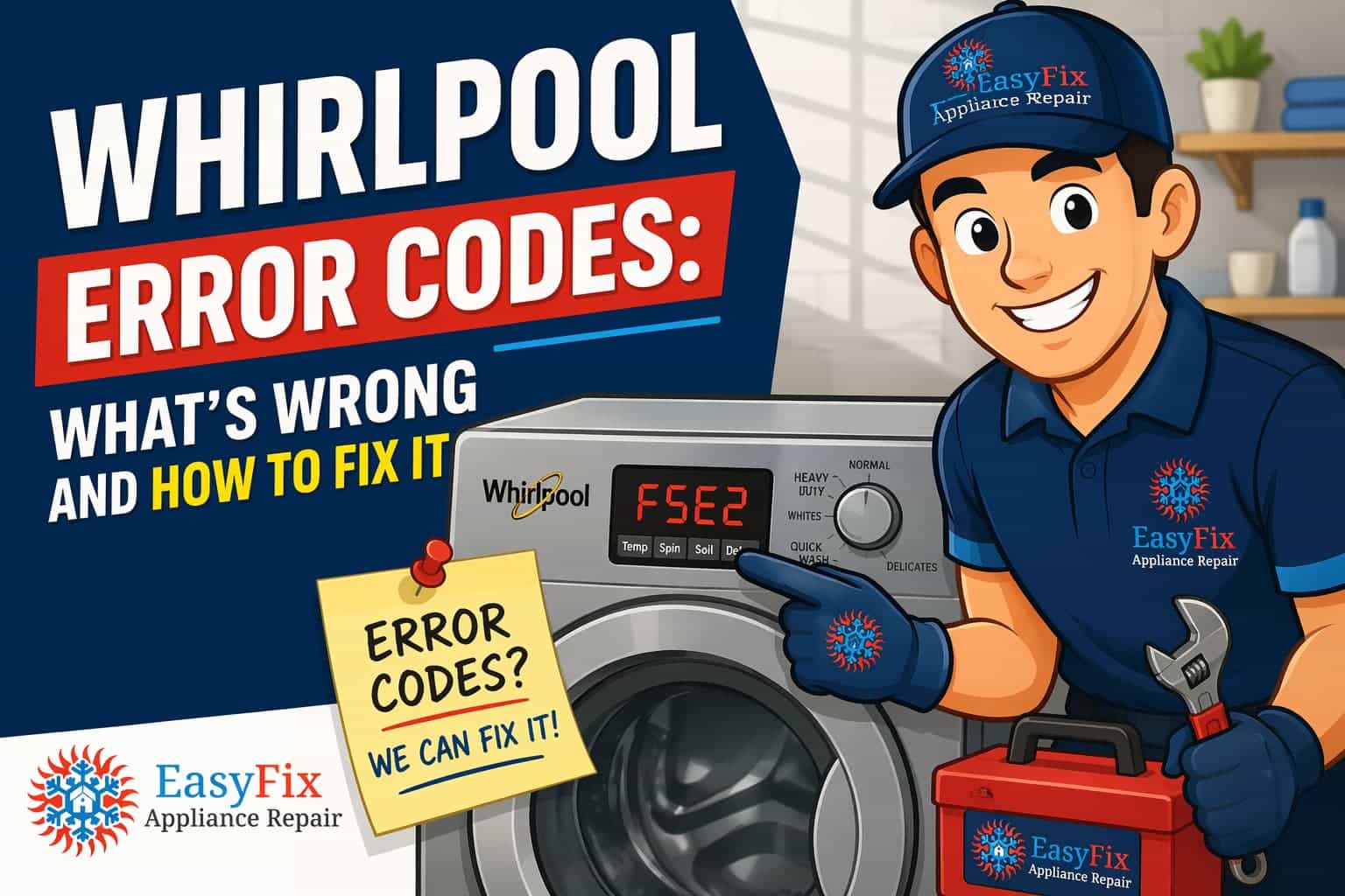 EasyFix Appliance Repair technician pointing at a Whirlpool washer displaying an F5E2 error code, with text reading Whirlpool Error Codes What's Wrong and How to Fix It