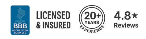 EasyFix badges for appliance repair Victoria page, BBB accredited, licensed & insured, over 20 years of experience and 4.8 stars reviews