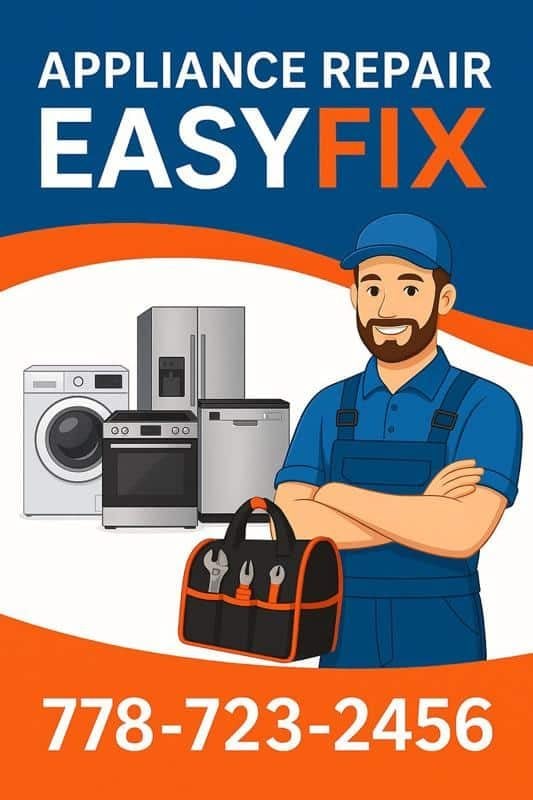 Cartoon-style EasyFix appliance repair technician with tools, contact number, and appliances