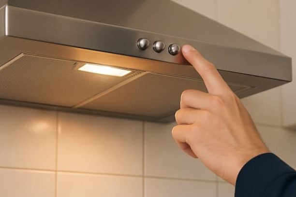 Technician’s hand pressing control button on a stainless steel range hood - Hood Fan Repair Vancouver